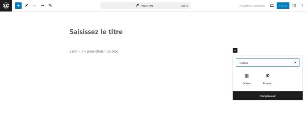 Ajout d'un bloc pour les tableaux à un article dans l'éditeur Gutenberg.