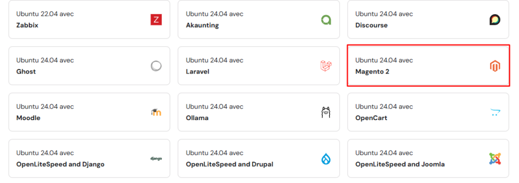 Choisir le modèle Ubuntu 22.04 avec Magento 2 sur hPanel 