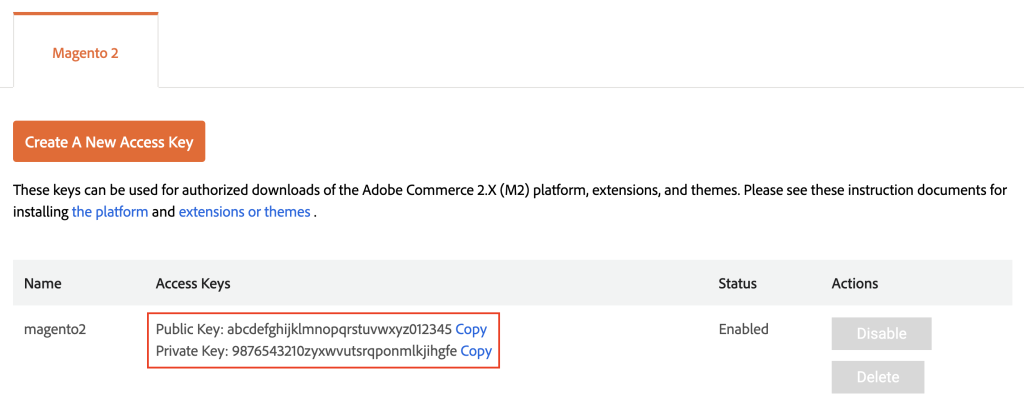 Trouver la clé publique et privée sur le site Adobe Commerce 