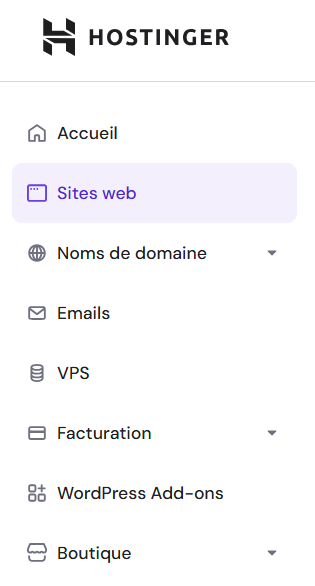 Section Sites web sur hPanel