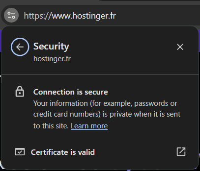 L'option Connexion sécurisée permet d'afficher les détails du certificat SSL d'un site web.