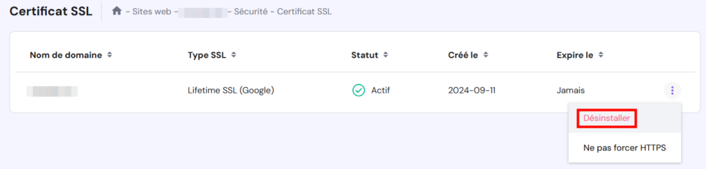 l'option de désinstallation de SSL