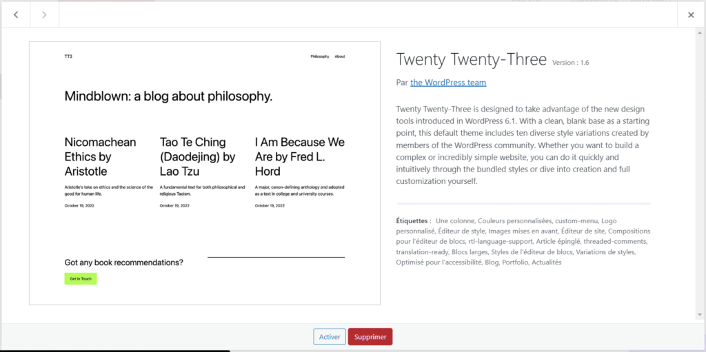 Détails du thème WordPress, mettant en évidence l'option de suppression