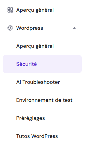 Section sécurité de WordPress dans hPanel