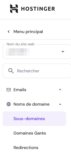 Section de gestion du site web hPanel