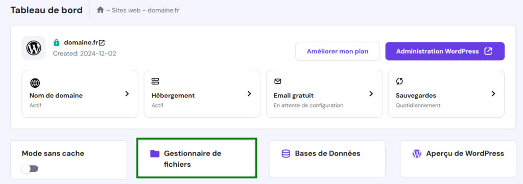 Tableau de bord hPanel, en mettant en évidence le bouton permettant d'accéder au gestionnaire de fichiers