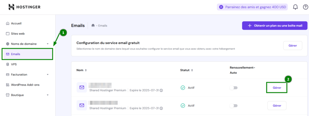 Section Email de hPanel avec l'option Gérer sélectionnée