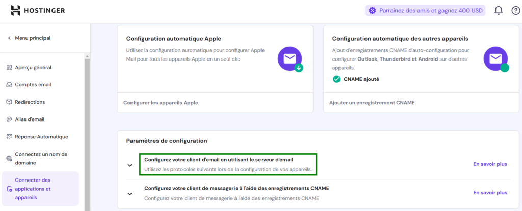 Les paramètres de configuration dans le menu Email de hPanel avec la configuration manuelle sélectionnée.