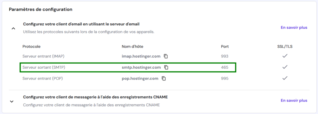 Les paramètres de configuration dans le menu Email de hPanel avec les détails du serveur sortant (SMTP) sélectionnés.