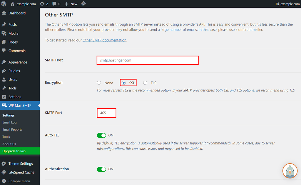 les réglages du client d'email WP Mail SMTP sur le tableau de bord de WordPress avec l'hôte SMTP, le cryptage et le port SMTP sélectionnés.