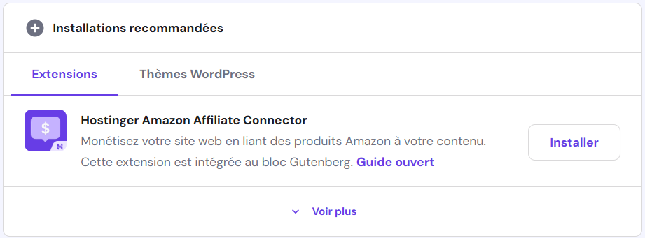 L'extension Hostinger Amazon Affiliate Connector dans la section Installations recommandées de hPanel