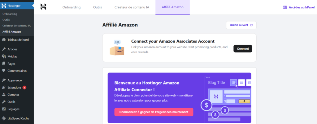 Menu Hostinger dans WordPress sélectionnant le bouton pour se connecter à un compte Amazon Associates