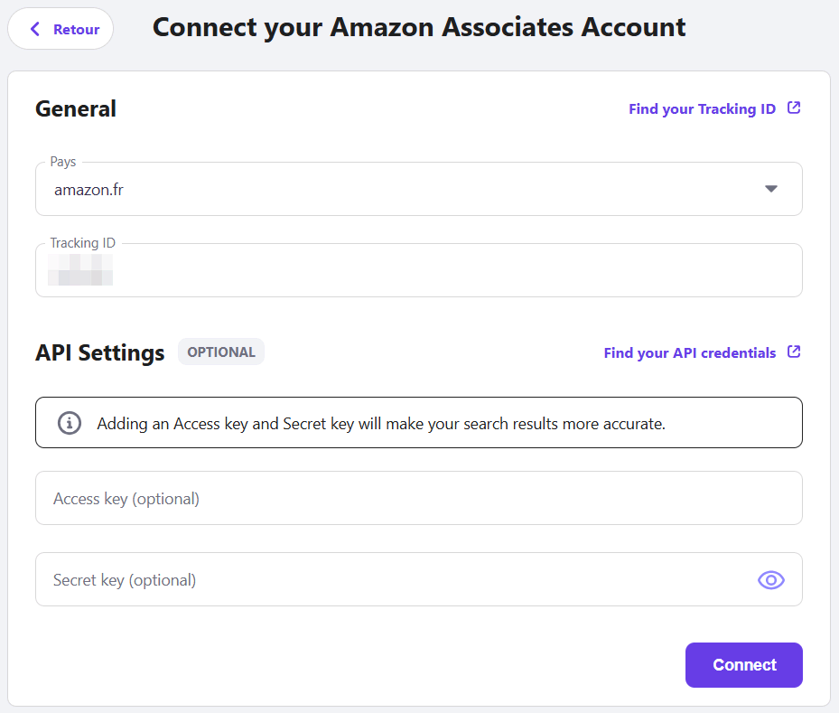 Le formulaire pour connecter le compte Amazon Associates dans WordPress avec Hostinger