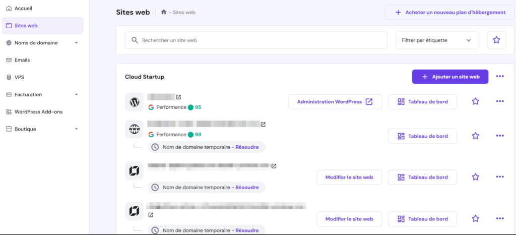 Section sites web hPanel