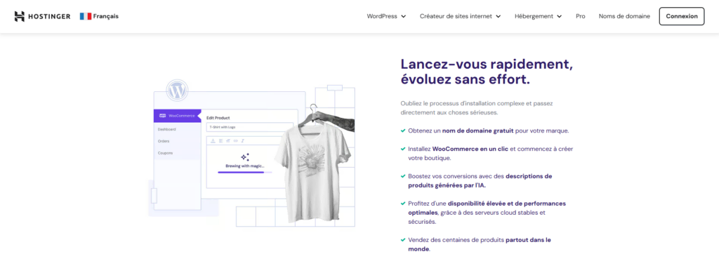 La landing page de l'hébergement WooCommerce d'Hostinger		