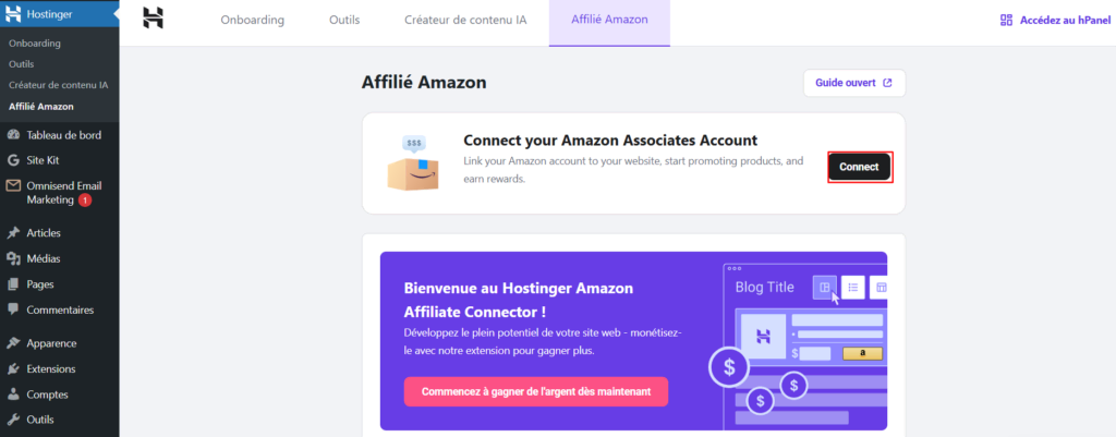 Menu Hostinger dans WordPress mettant en évidence le bouton pour se connecter à un compte Amazon Associates 