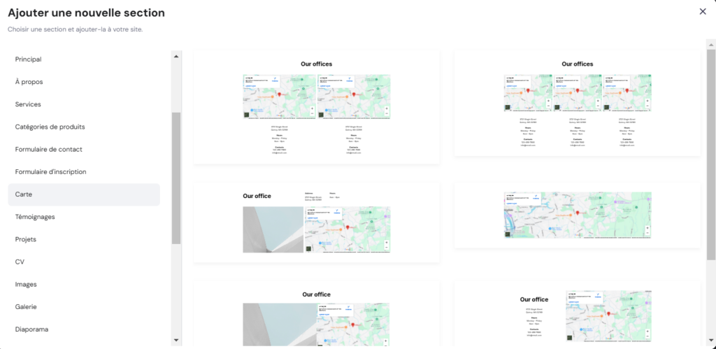 Les modèles de section Carte dans le Créateur de site Web Hostinger