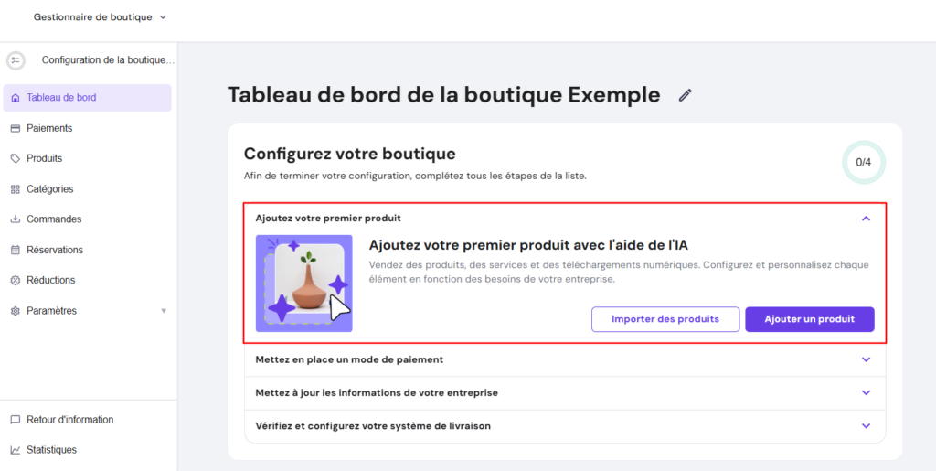 Le gestionnaire de la boutique Hostinger met en évidence l'option d'ajout de produit