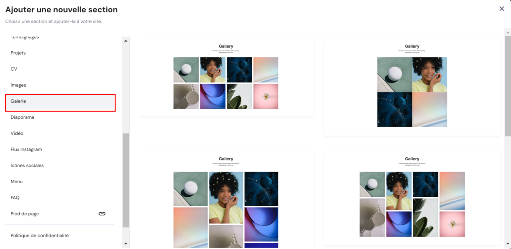 ajout d'une nouvelle section de galerie sur le créateur de sites Hostinger