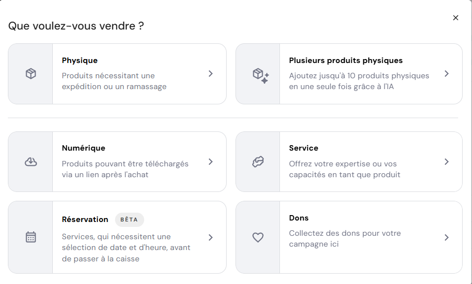 Page d'ajout d'un type de produit dans le gestionnaire de boutique