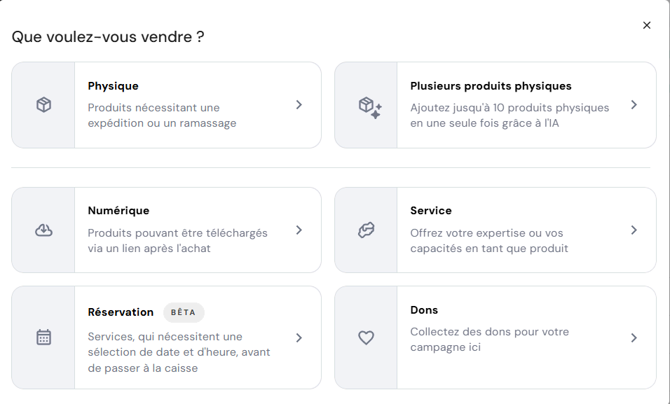 Page d'ajout d'un type de produit dans le gestionnaire de boutique