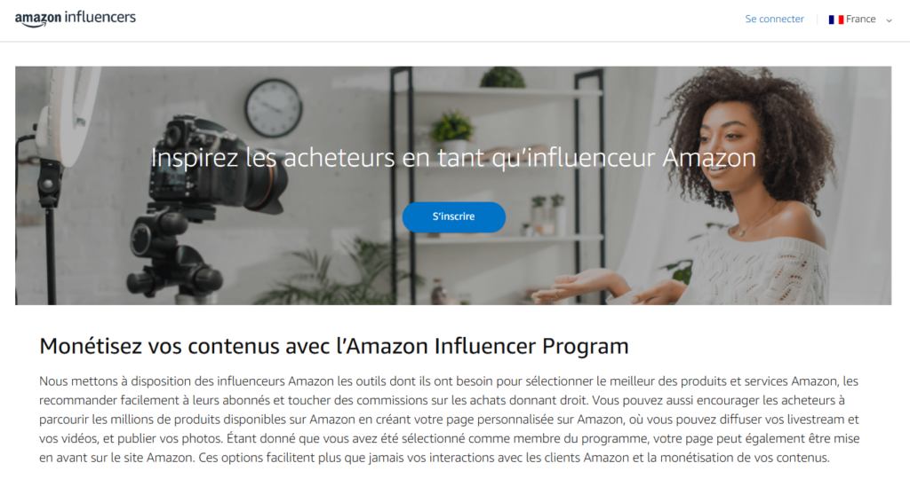 Page d'accueil d'Amazon Influencers