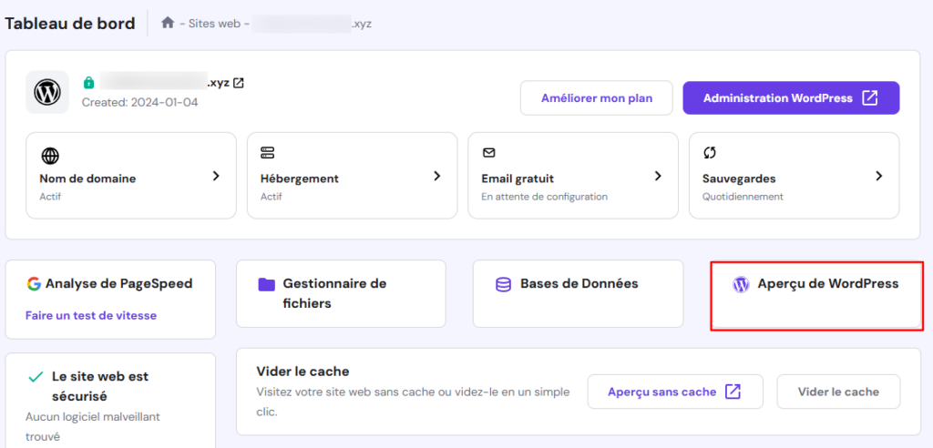 Accéder au menu Aperçu de WordPress sur le tableau de bord hPanel