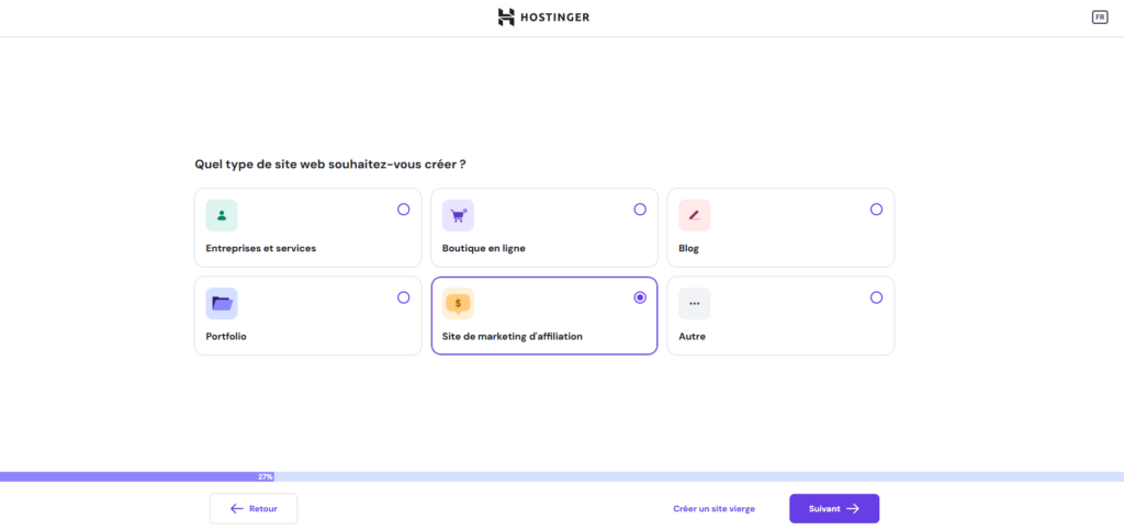 L'onboarding de Hostinger, qui met en avant le site de marketing d'affiliation comme l'un des nombreux types de sites web