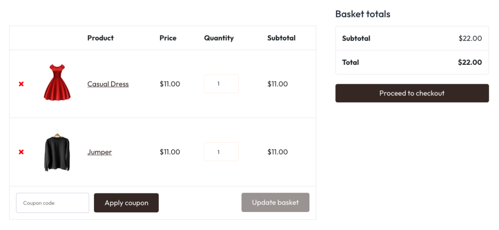 Page du panier WooCommerce affichée en utilisant le shortcode [woocommerce_cart]