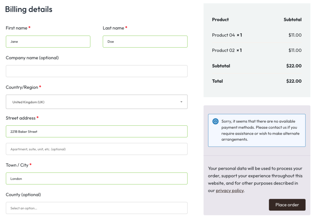 Formulaire de paiement WooCommerce affiché en utilisant le shortcode [woocommerce_checkout]