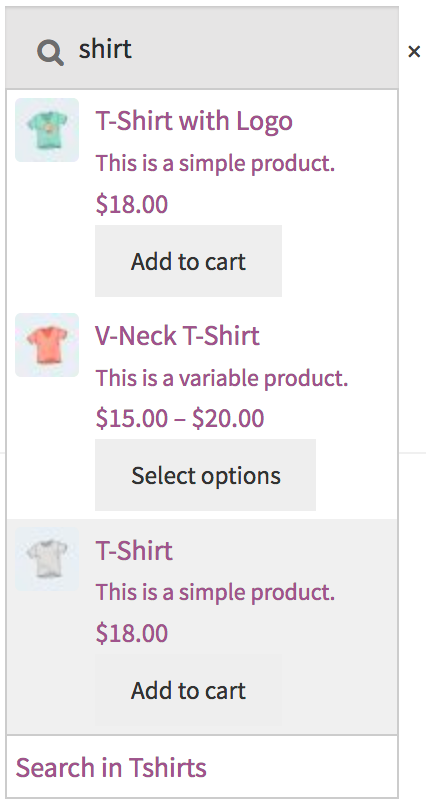 Champ de recherche de produits WooCommerce affiché en utilisant le shortcode [woocommerce_product_search]