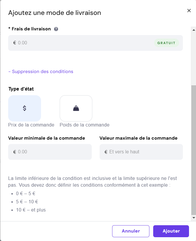 Ajouter une nouvelle option de conditions d'expédition sur Hostinger