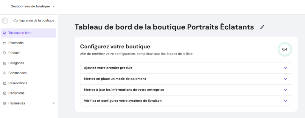 Tableau de bord du gestionnaire de boutique du créateur de sites Hostinger