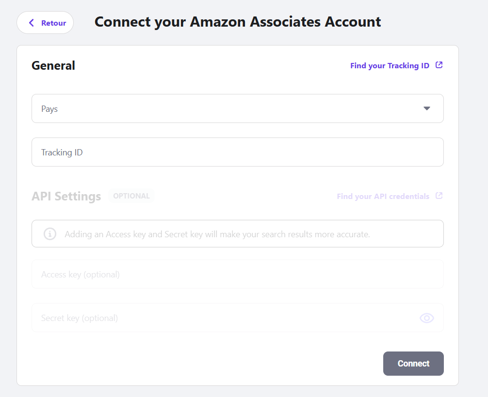 Le formulaire pour connecter un compte Amazon Associates dans WordPress avec Hostinger 