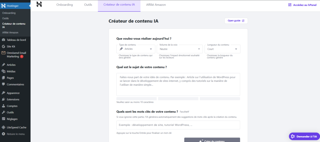 Le créateur de contenu IA Hostinger dans le tableau de bord WordPress