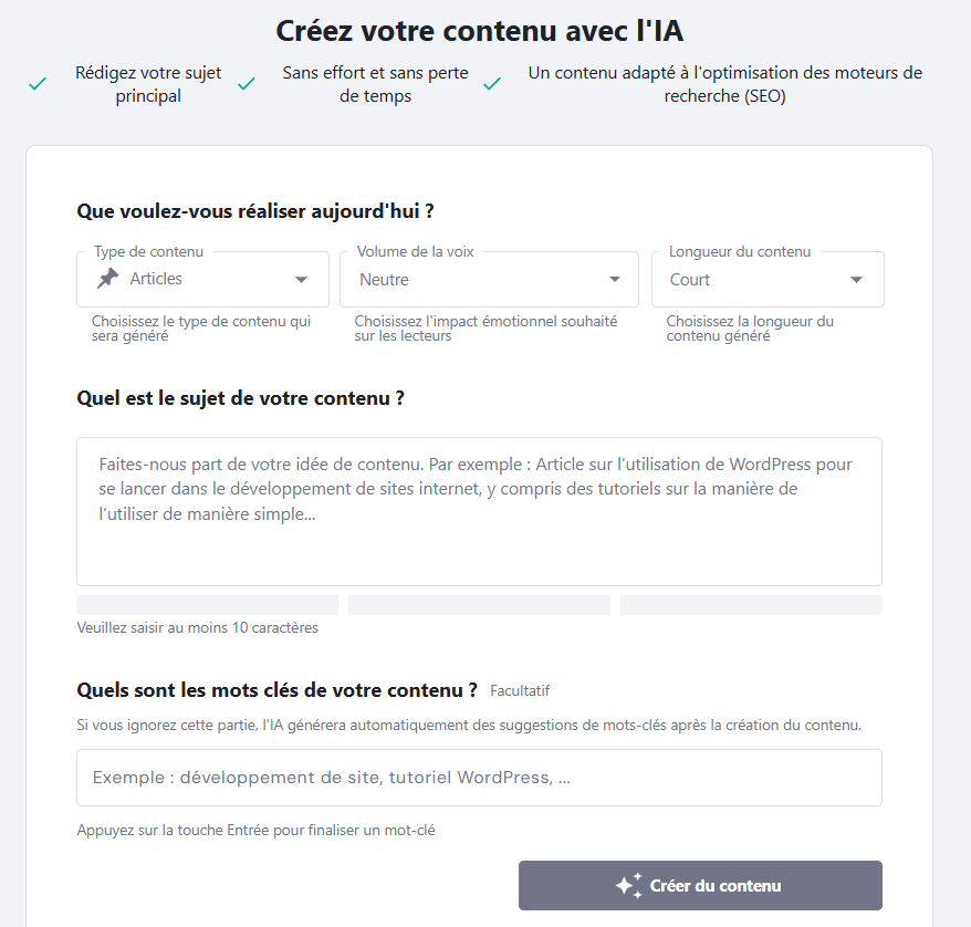 Le créateur de contenu Hostinger IA dans le tableau de bord de WordPress