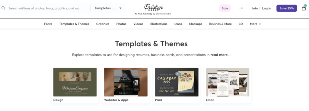 Page des modèles et thèmes de Creative Market