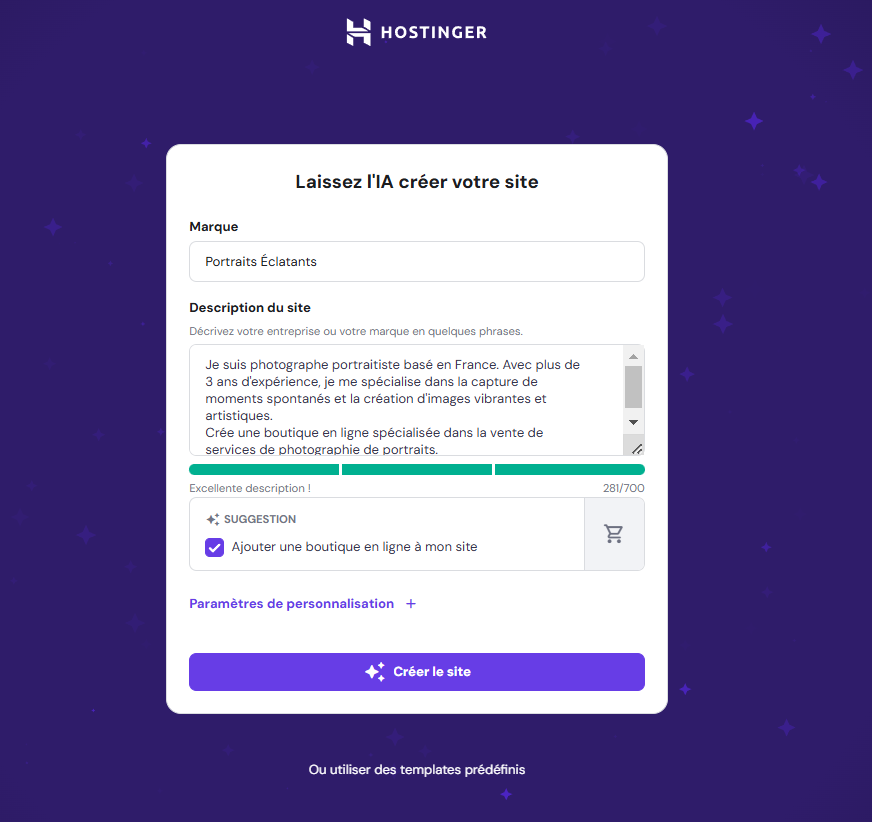 Créer un site de photographie avec le créateur de sites IA Hostinger
