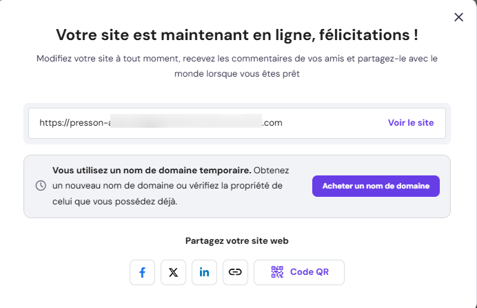 Le message de publication du site dans le Créateur de site Web Hostinger 