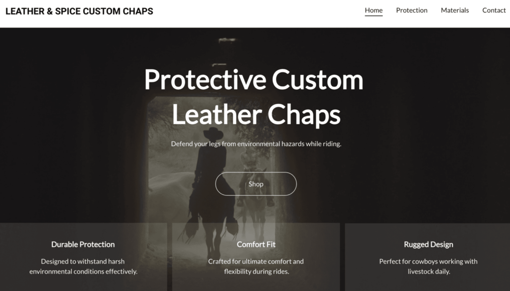 Page d'accueil de Leather & Spice Custom Chaps