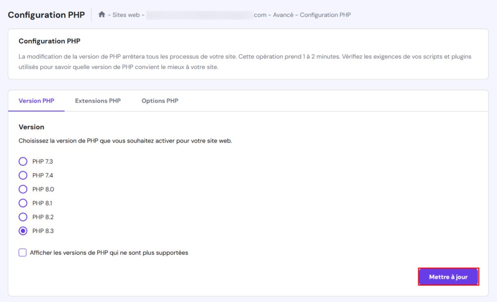Mise à jour de la version PHP sur hPanel