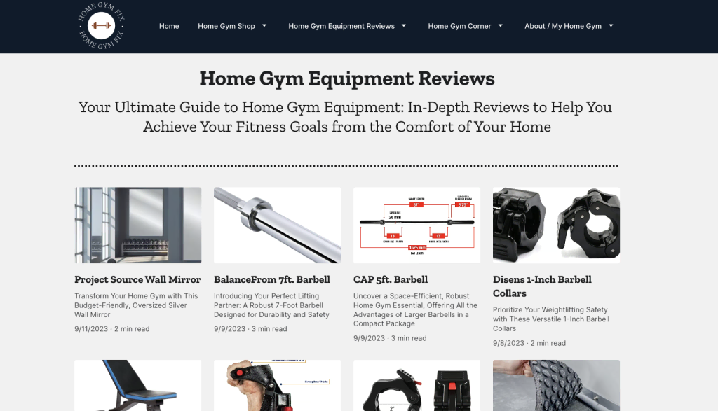 Page d'évaluation du matériel de gym à domicile sur le site Home Gym Fix