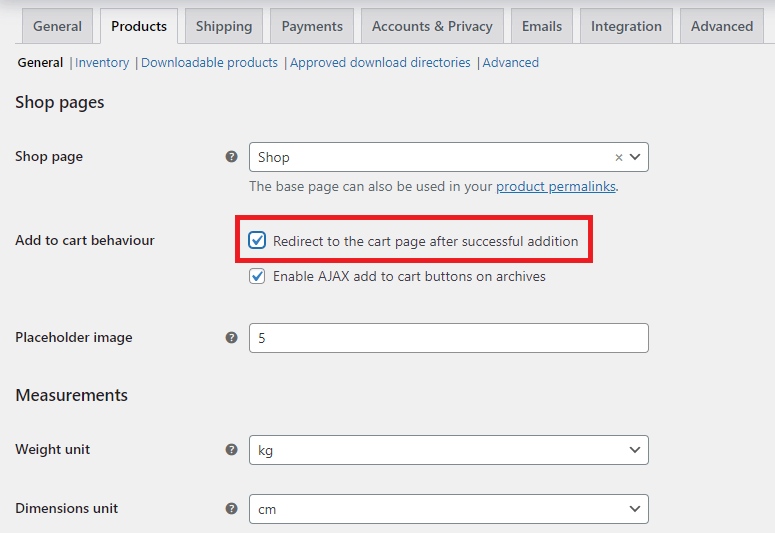 Activation de l'option Rediriger vers la page du panier après un ajout réussi dans le panneau d'administration de WooCommerce