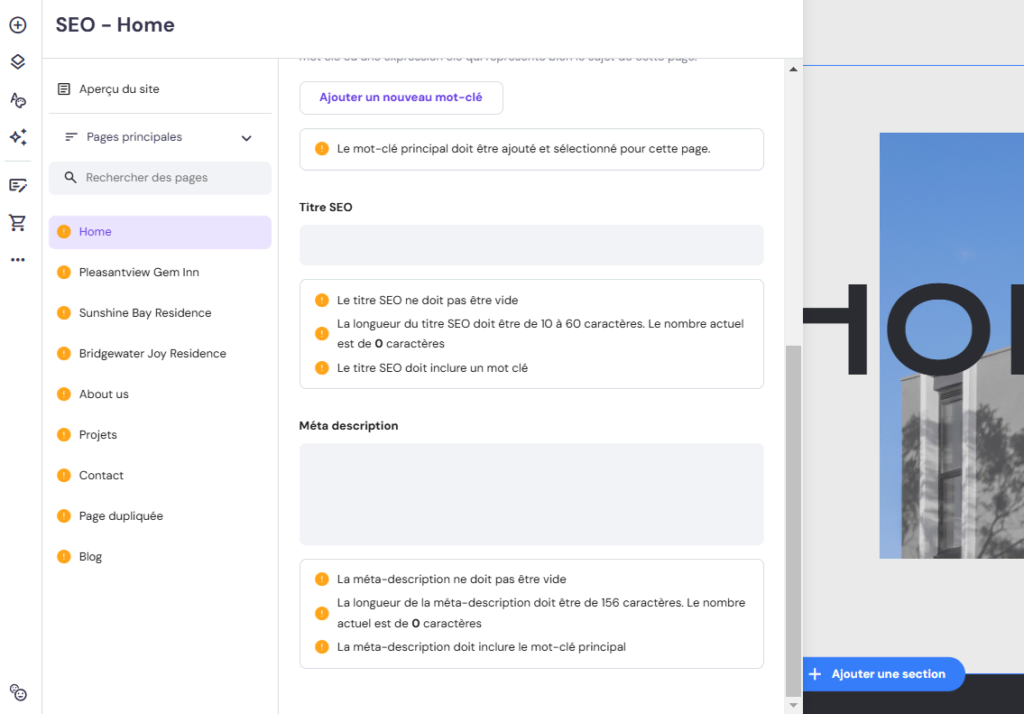 Section des métadonnées dans le créateur de sites Hostinger