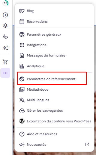 Page des paramètres du créateur de site Hostinger mettant en évidence l'option des paramètres de référencement