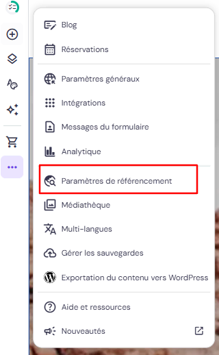 Page des paramètres du créateur de site Hostinger mettant en évidence l'option des paramètres de référencement