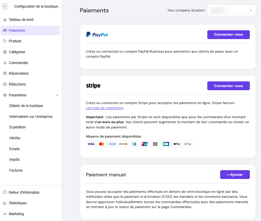 Tableau de bord des paiements dans le créateur de site Web Hostinger