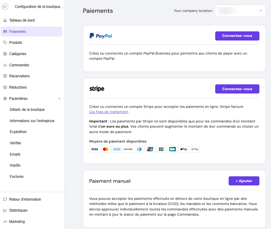 Tableau de bord des paiements dans le créateur de site Web Hostinger