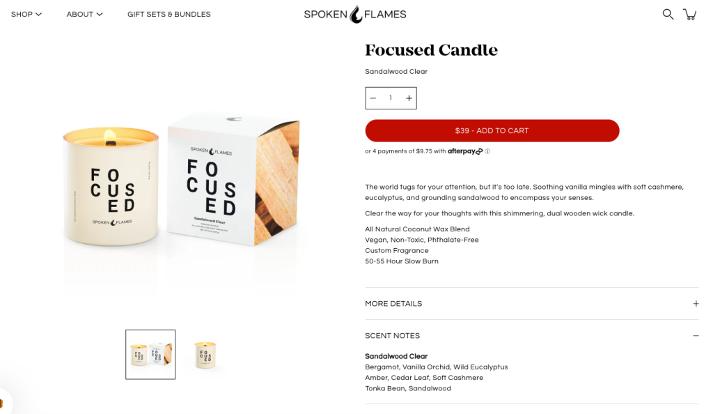 Page de la bougie Focused candle sur le site web Spoken Flames