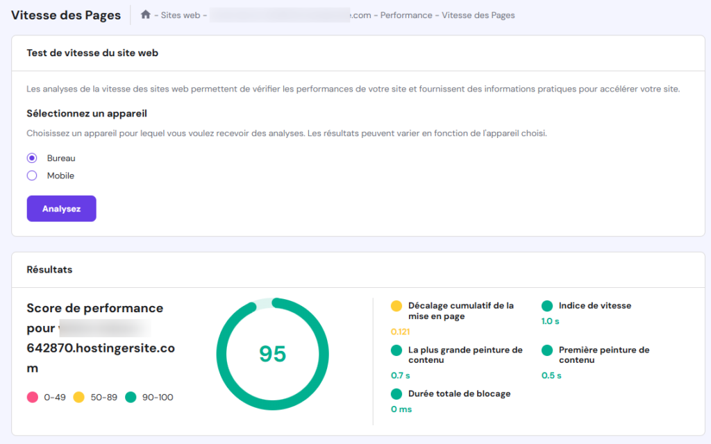 Accéder au menu Vitesse des pages dans hPanel